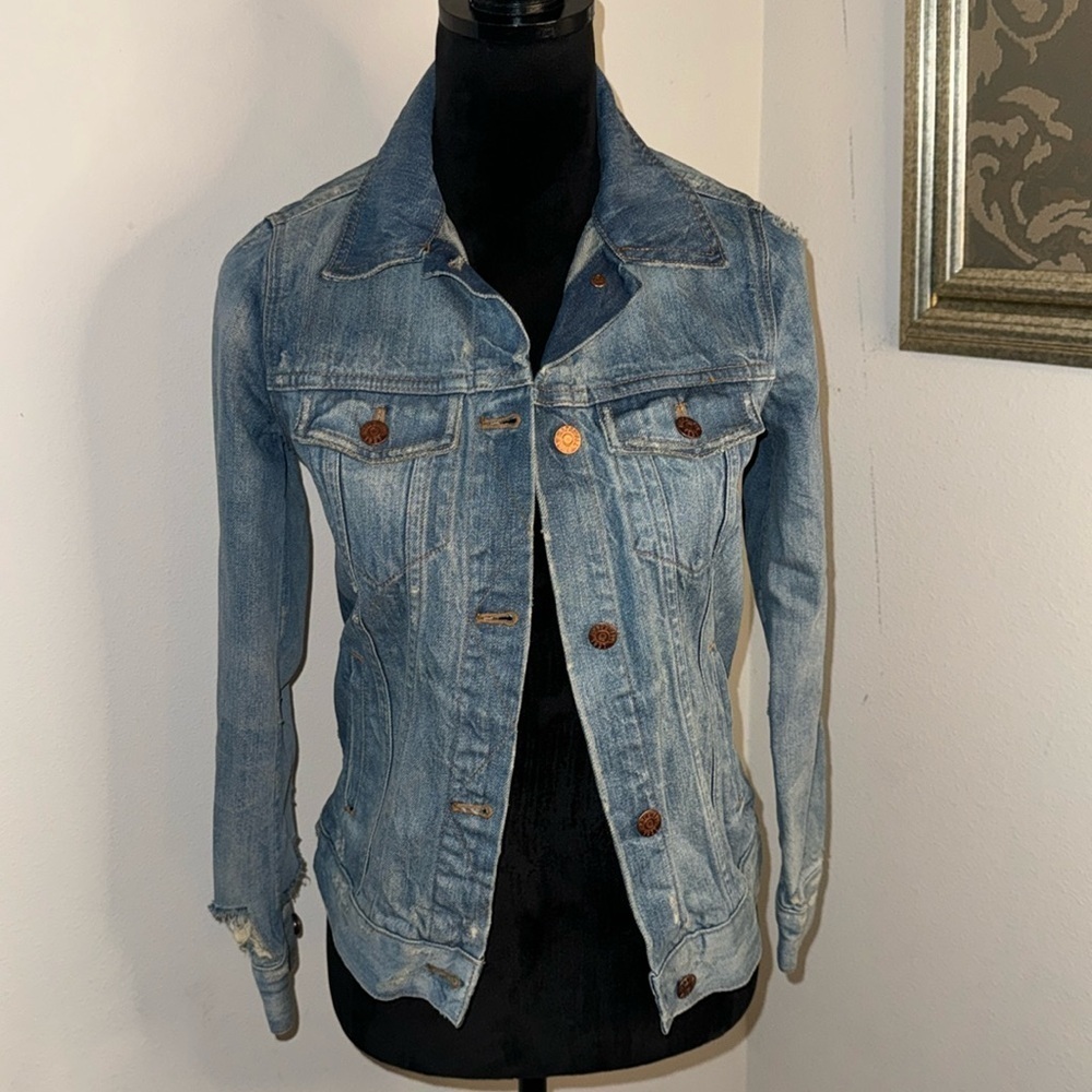 Madewell ripped Jean jacket hand‎ painted white glitter back angel wings Sz S